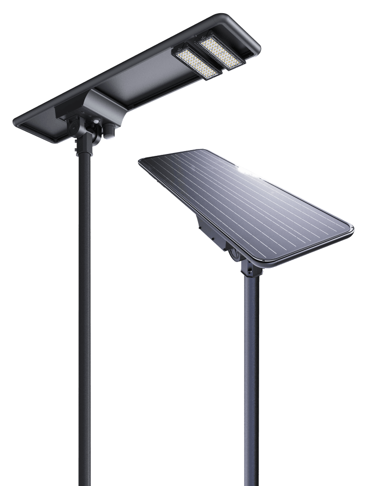 Two views of a solar light fixture. Lights on bottom and solar panel on top.