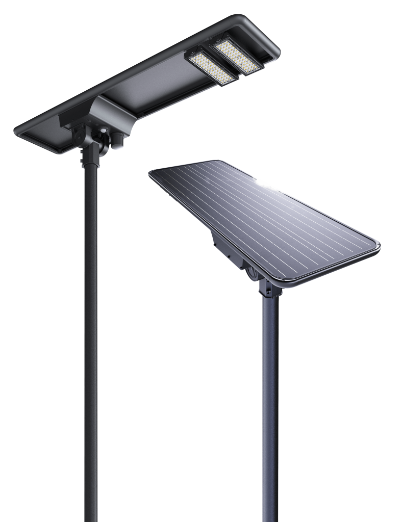 Two views of a solar light fixture. Lights on bottom and solar panel on top.